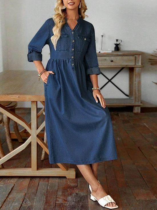 Damen Plus Size Street Style Einfarbiges Jeans-Langkleid