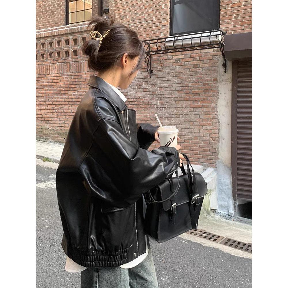 Brown Leather-Like Jacket Women's Hong Kong Style Autumn Winter Loose Fit American Vintage Motorcycle Jacket Top