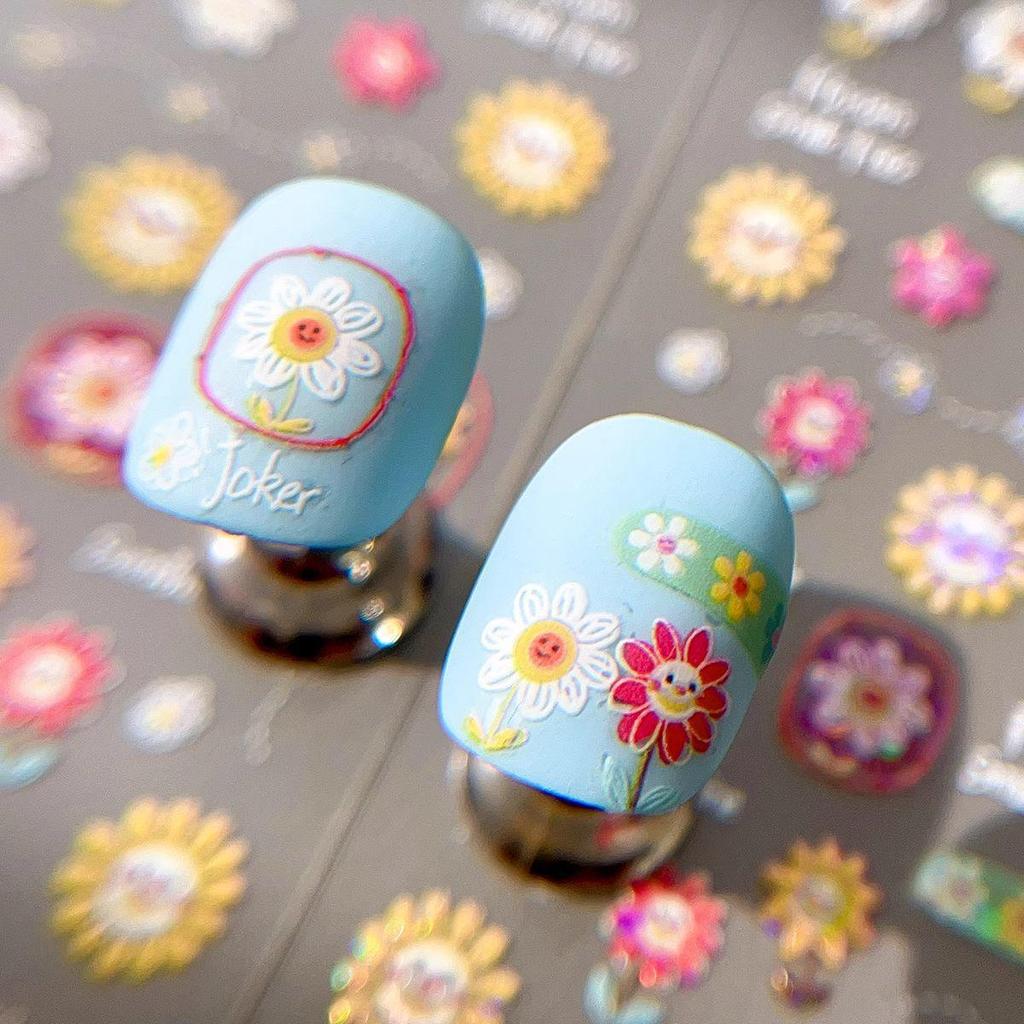 Childlike Sunflower 5D Embossed Nail Art Stickers - Retro Floral Design