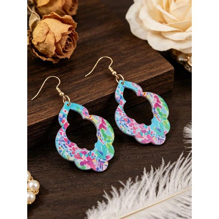 1 Pair Colorful Watercolor Print Hollow Acrylic Dangle Earrings, Exotic Geometric Openwork Design