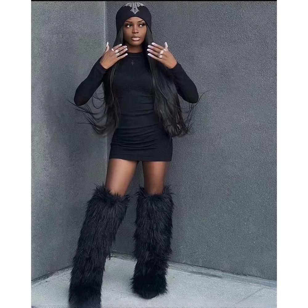 Womens Knee High Fuzzy Faux Fur Boots - Soft, Warm, and Comfortable Slip-on Design with Flat He Ladies Plush Warm Platform Shoes