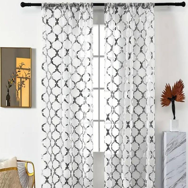 Geometric Gold Foil Sheer Curtains – Set of 2 Panels, Semi-Blackout, Light Filtering Window Curtains