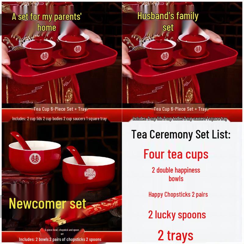 Wedding Red Tea Set: Pair of Happy Bowls, Chopsticks, Tea Cups, and Toasting Collection