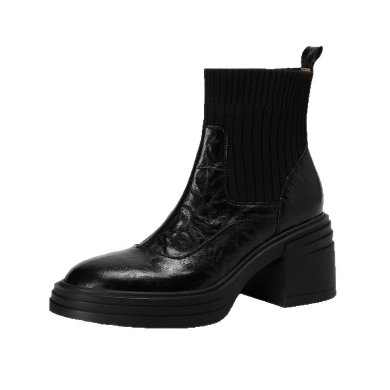 Matte leather thick heel high heel short boots women's thin boots autumn and winter new small thick bottom elastic socks boots