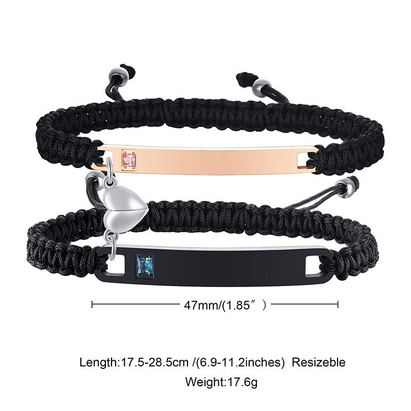 Matching Heart Promise Couples Personalized Bracelets, Custom Engraved Name ID Tag Bracelet, Valentines Day Gift