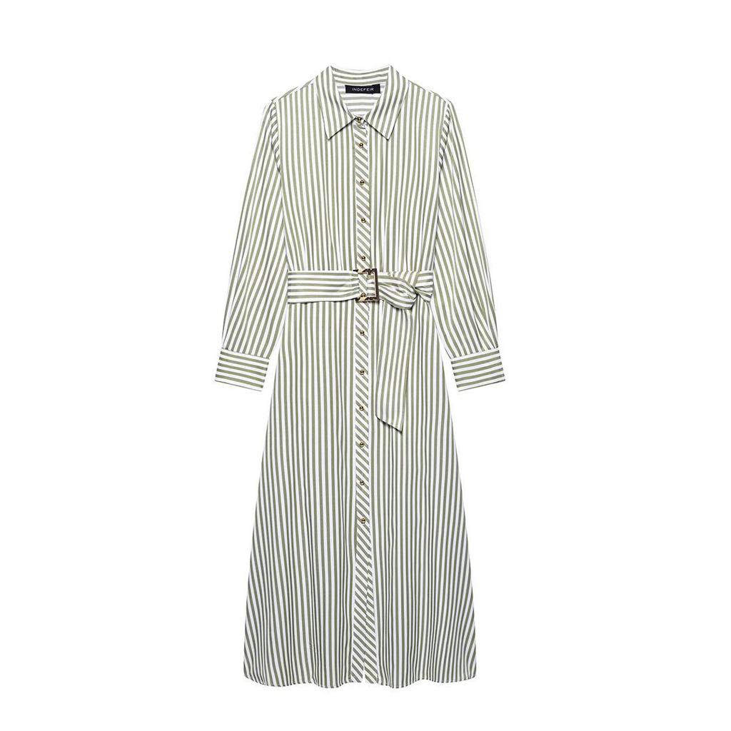 2025 Spring Women's European & American Striped Belted Midi Dress