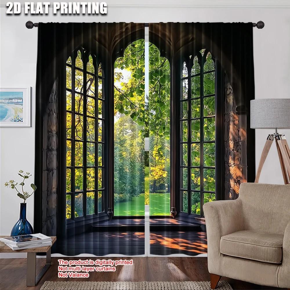 

JIT 2pcs Verdant Trees Print Curtain Rod Pocket Drapes Polyester Home Decor Living Room Bedroom Holiday Window Treatment 100*130 Rod Pocket 1pcs