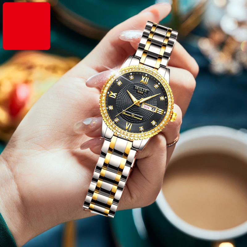 Reloj de Acero Impermeable para Mujer con Diamantes Luminosos Incrustados y Doble Calendario