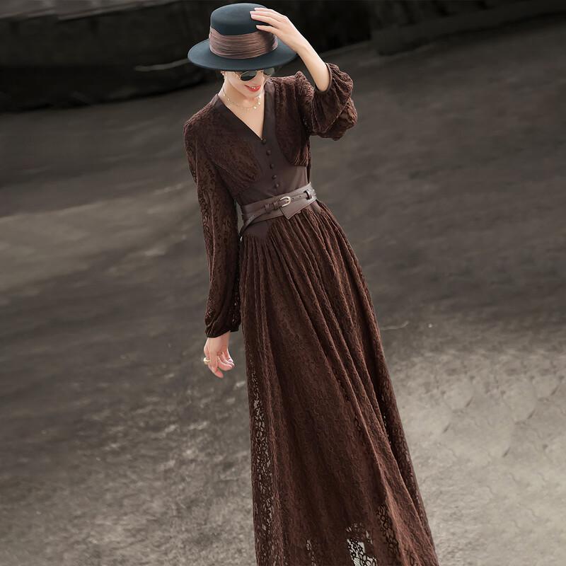 Lanser 2026 Frühling Französisches Retro-Spitzen-V-Ausschnitt-Langkleid