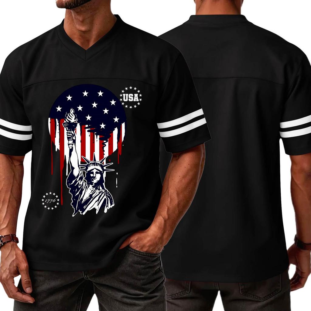 Men's Casual V Neck Short Sleeve Sports T Shirt Independence Day Printed Graphic Tee USA Lettering Athletic Top