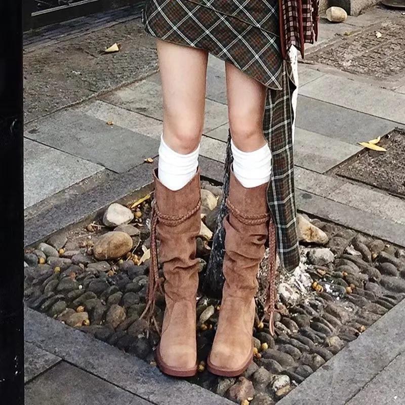 Vintage střapce dámské westernové kozačky ke koleni módní nazouvací boty podzim zima silný podpatek dámské rytířské dlouhé kotníkové boty