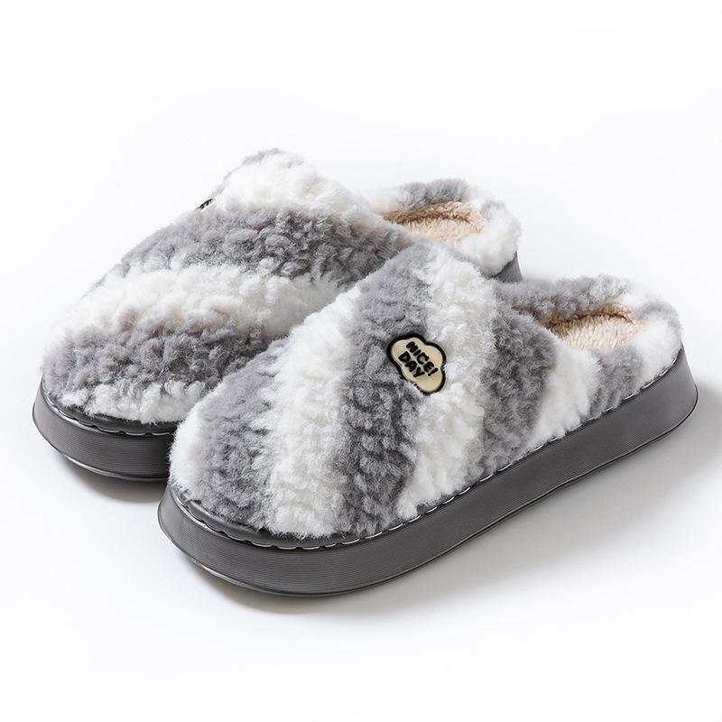 Two-color Plush Embroidered Cotton Slippers for Stepping On Shit Autumn and Winter Home Warmth Thick Bottom and Light Couple Hair Slippers