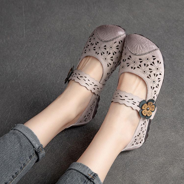 Johnature Sandali piatti con suola cava in vera pelle, retrò, versatili, scarpe da donna con suola morbida