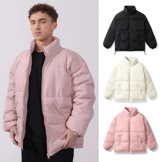 Men Cotton Coat Solid Color Stand Collar Long Sleeve Down Coat with Pockets Winter Thickened Warm Outerwear