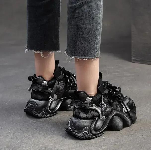 5CM Comfy Ladies Spring Summer Mixed Color Autumn Fashion Pigskin Leather Genuine Platform Wedge Chunky Sneaker Vulcanize