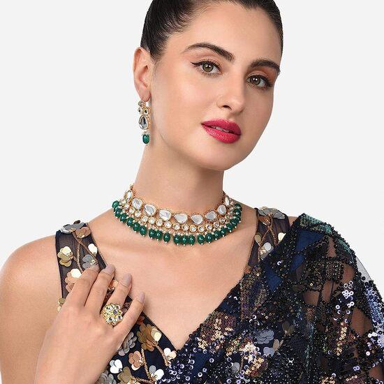 

Свадебные украшения Green Kundan Design Meenakari Choker, ожерелье, серьги и кольцо для женщин