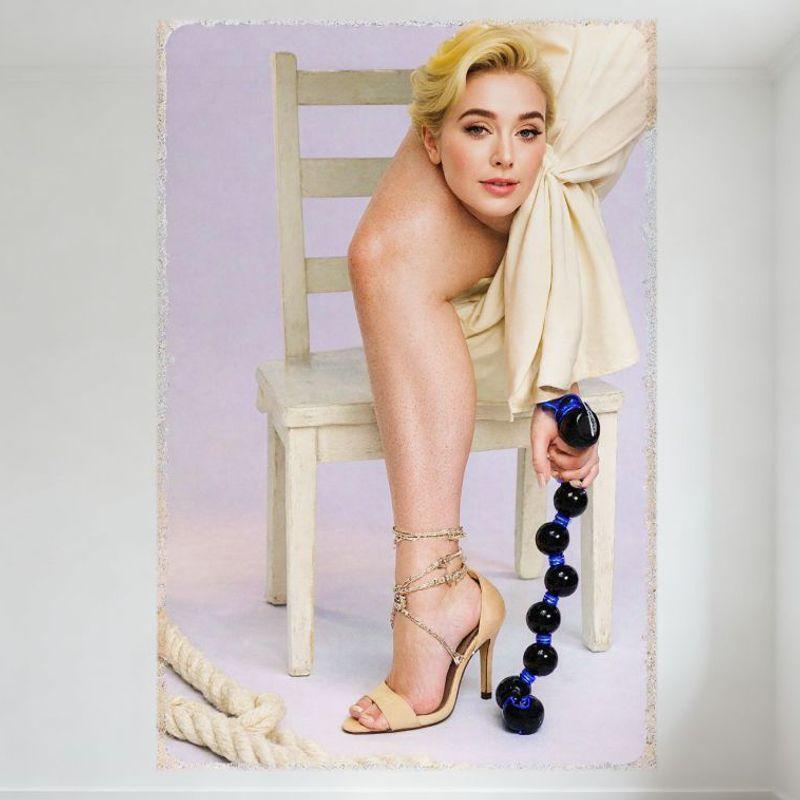 Sexy Platinum Blonde Woman Beige High Heel Sandal Fabric Tin Sign Metal Poster for Bar Home Decor Vintage Ornate Border 8x12 Inc