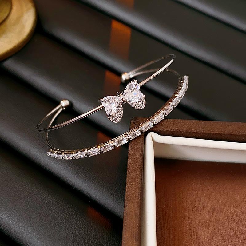 

New Shiny Zircon Bow Bangle Women Heart Shape Double Layer Open Adjustable Bracelet Exquisite Banquet Daily Wear Jewelry Gifts
