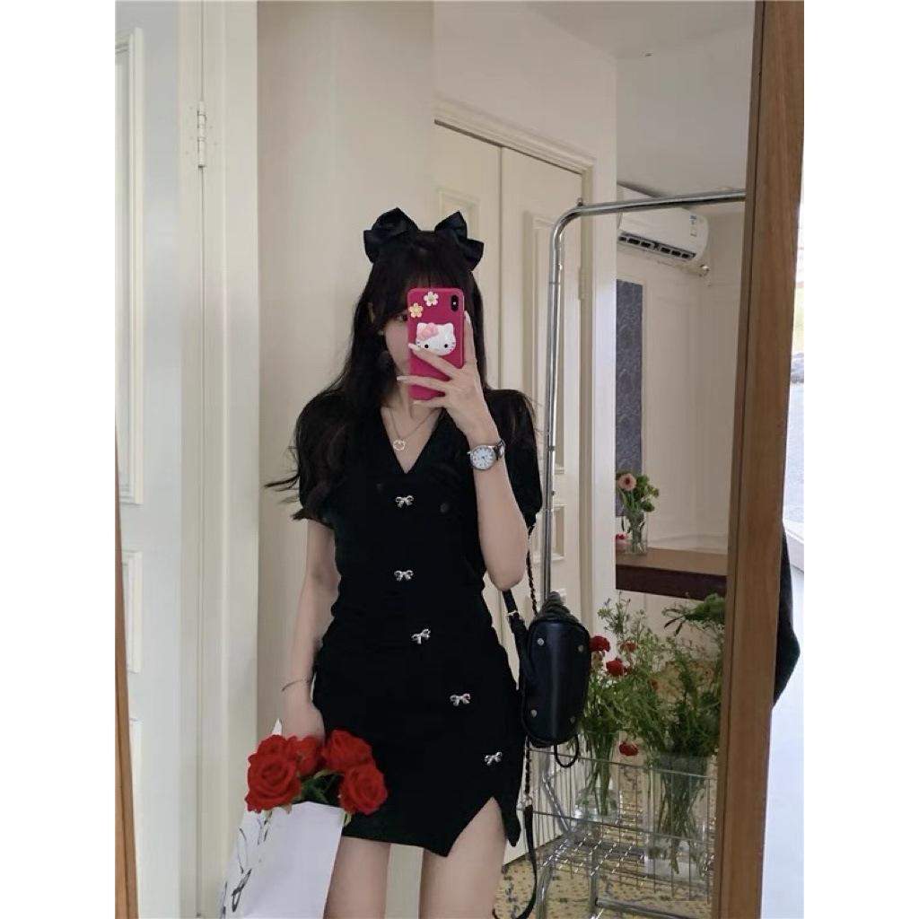 Puff sleeve dress for women, summer pure desire hot girl polo collar skirt, new tight hip-hugging slit short skirt