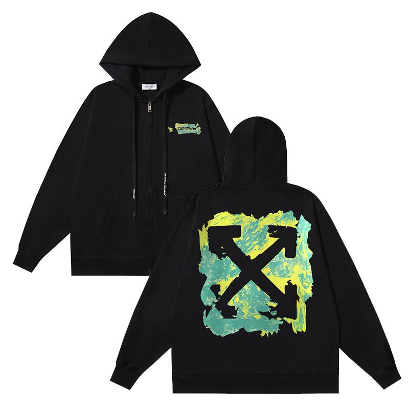 

1302 Off-White 2025 Autumn/Winter New OW Hollow Graffiti Arrow Pattern Printed Men s and Women s Zipper Hoodie XL чорний