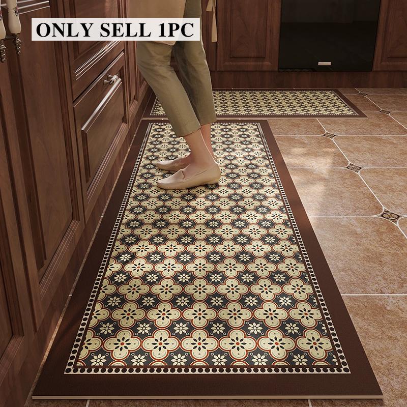 Kitchen Floor Mat Anti-slip Oil-proof Carpet Pvc Leather Waterproof Foot Mats Long Strip Rug American Retro Home Decoration Rugs