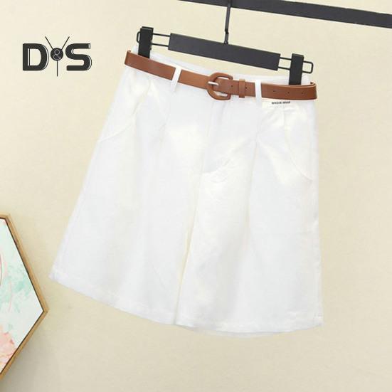 Women Summer Shorts A line Solid Color With Belt High Waist Suit Shorts Loose Pockets Zipper Button Closure Lady Dating Commute Shorts
