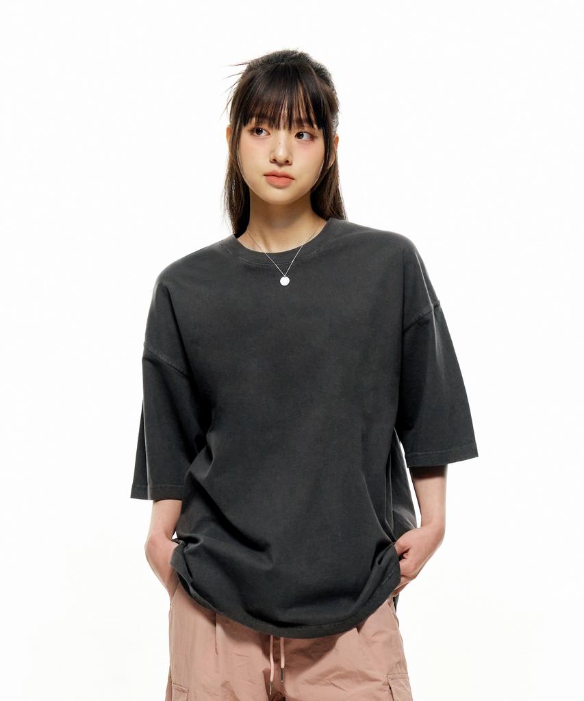 MOZMOZ Plain Pigment Oversized Short Sleeve T-Shirt Charcoal