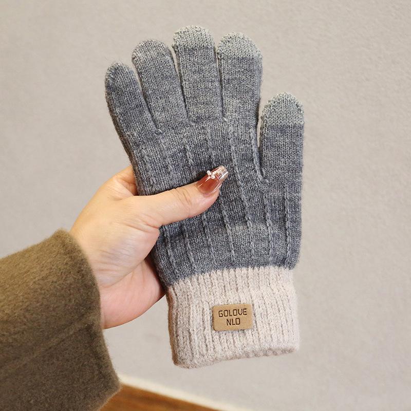 Camel Wool Knitted Gloves Women's Autumn and Winter Warm Outdoor Antifreeze Full Finger Gloves Piled and Thickened