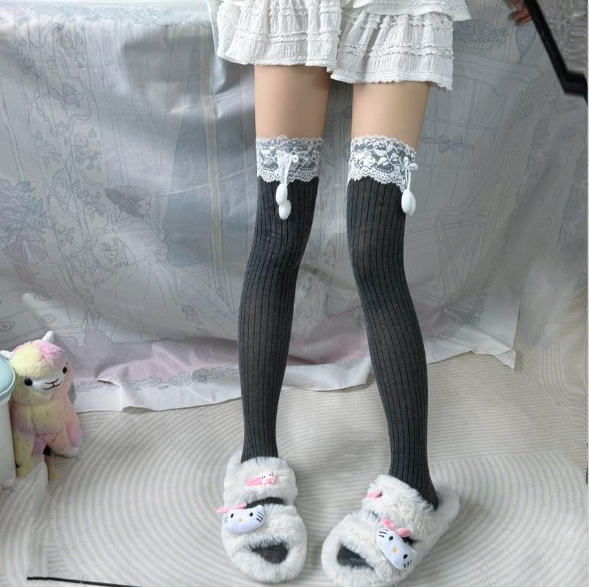 Lace Hairball Lace Calf Socks Women'S Spring And Autumn Stockings With Boots White Knee Socks Jk Black Stockings Women