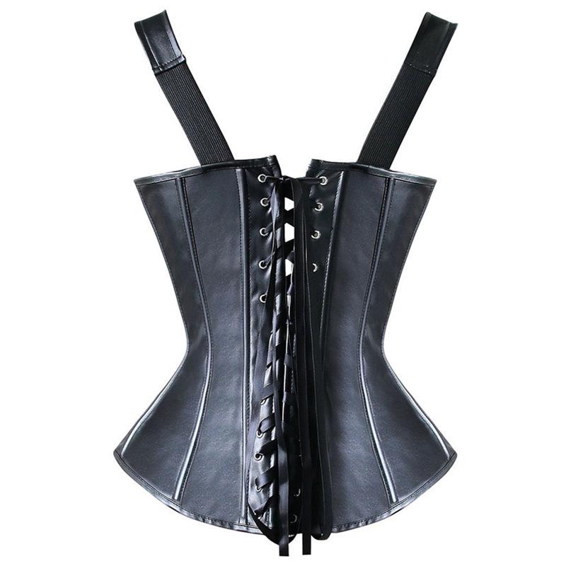 Gothic Black Leather Corset with Diamond Buckle & Wide Straps