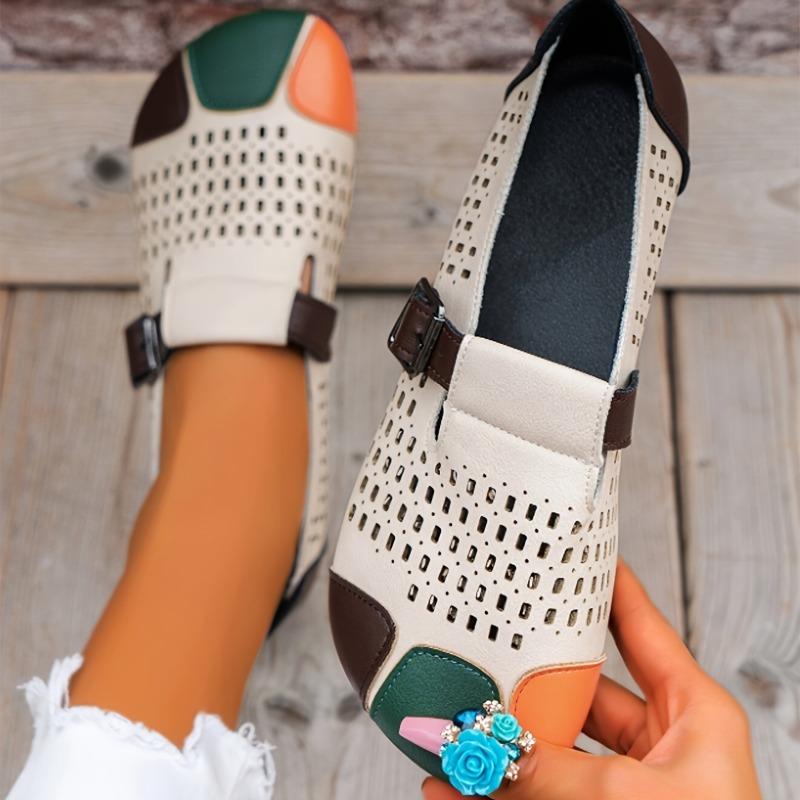 Retro Ethnic Style Button-up and Hollowed-out Women's 2025 Summer New Flat Soft Leather Shoes for Lazy People