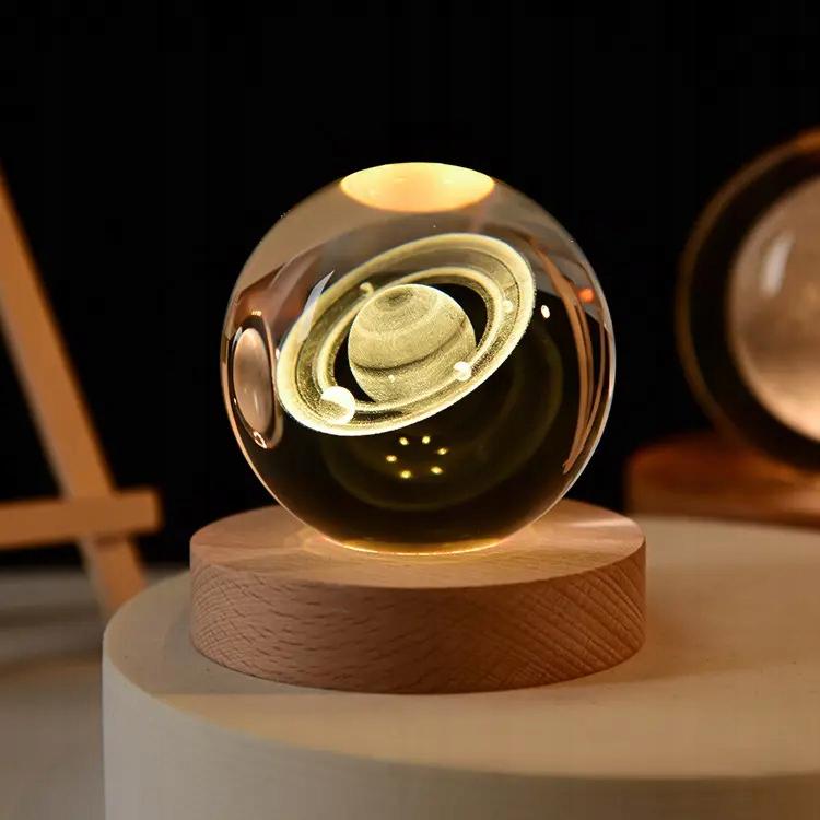 Glass Ball 3D Night Lamp 6Cm Usb Powered For Children's Bedroom Planeta
