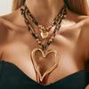 Exaggerated Metal Big Love Pendant Necklace, Fashionable Retro Leopard Print Silk Scarf Stacked With Necklace Women