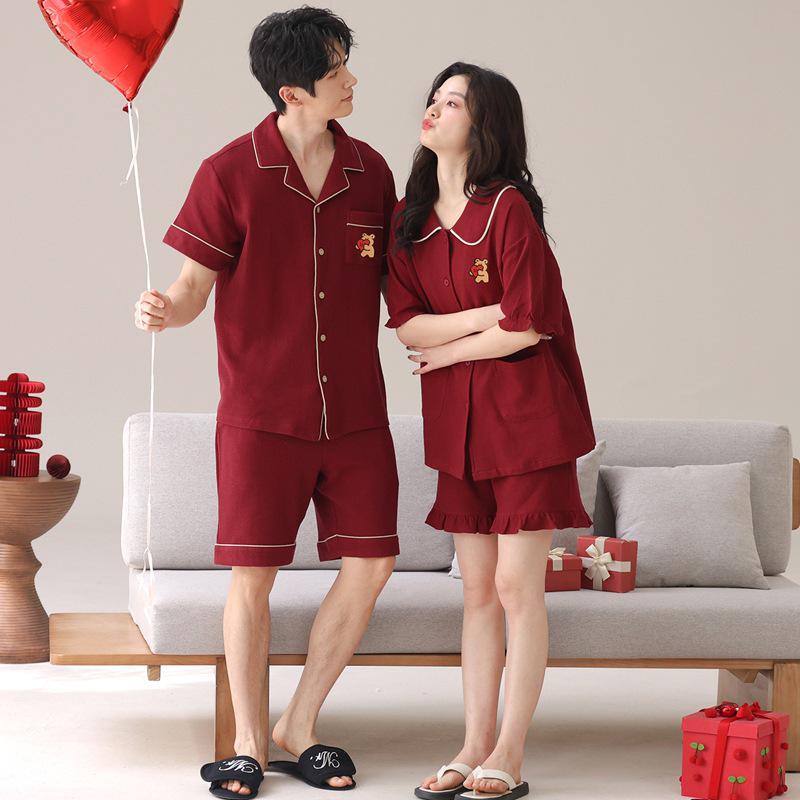 Red Cotton Couple's Pajamas Set: Short-Sleeve Cardigan & Shorts - Wedding & Year of the Rat Theme