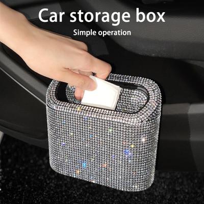 Car Trash Can Glitter Rhinestone Bling Pressing Square Can Storage Box Garbage Grabber for Vehicle