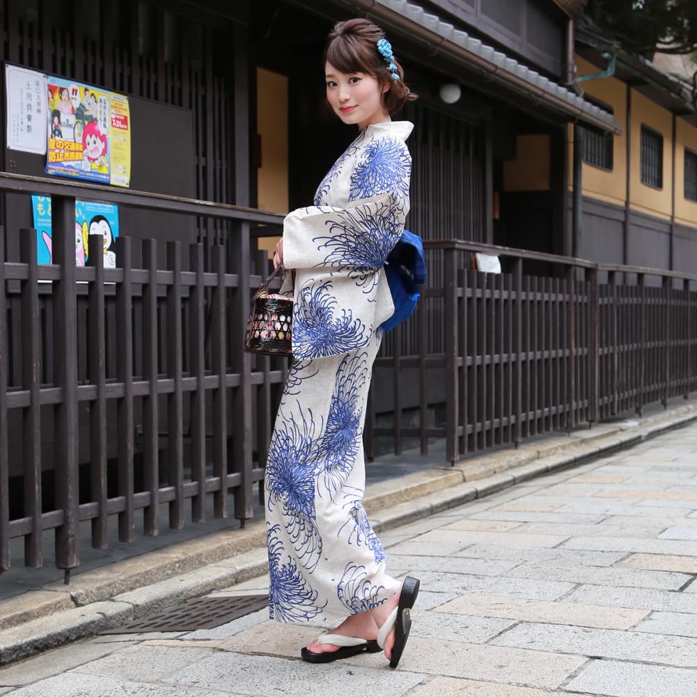 Yukata Premium Cotton and Linen Yukata Set Chrysanthemums on a Natural The and blue yukata feature a and sophisticated "Wa Nadeshiko" Women's Set,