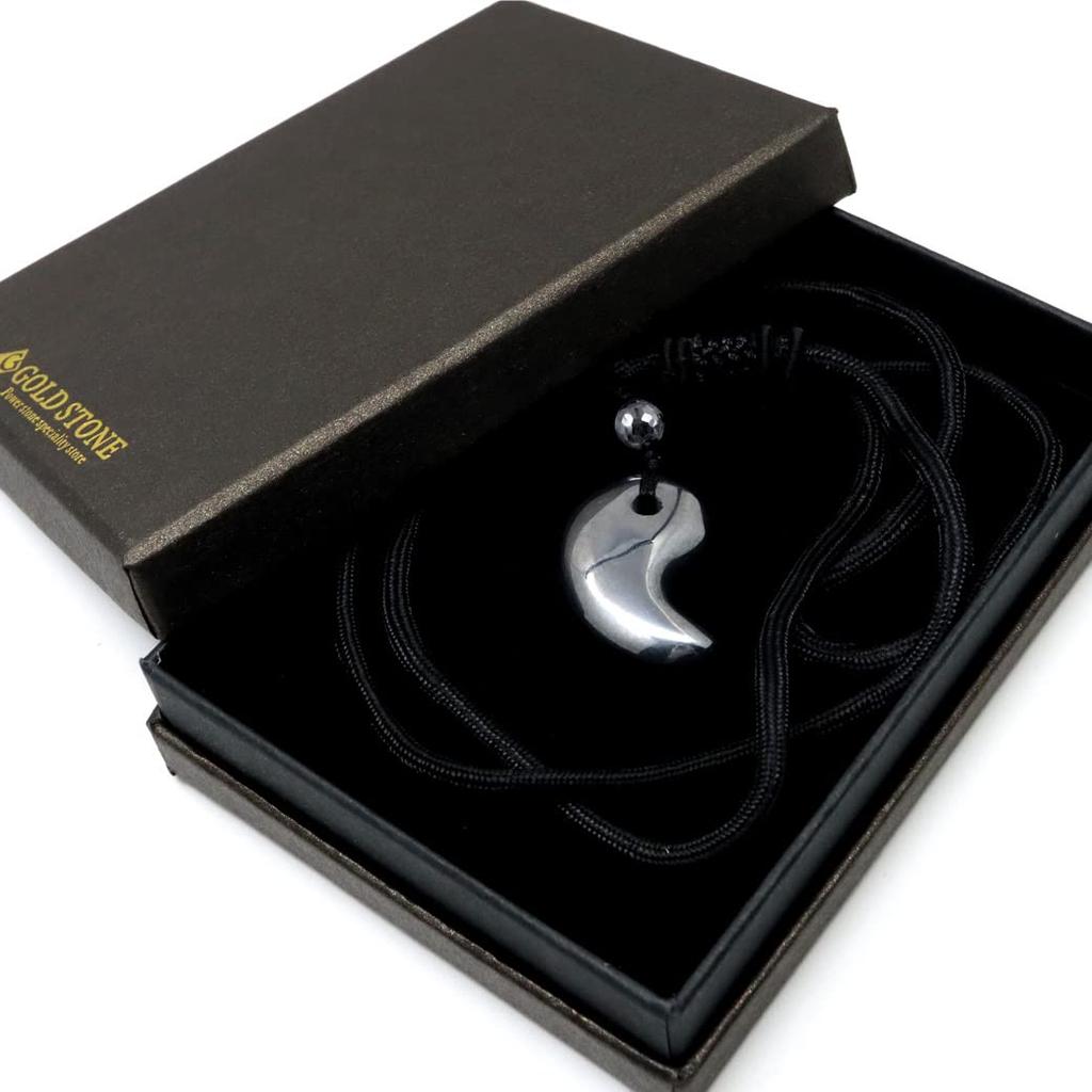 [GOLD STONE] Terahertz Ore Magatama String Necklace with 8mm Beads, Health Amulet, Terahertz Power Stone, Natural Stone Pendant