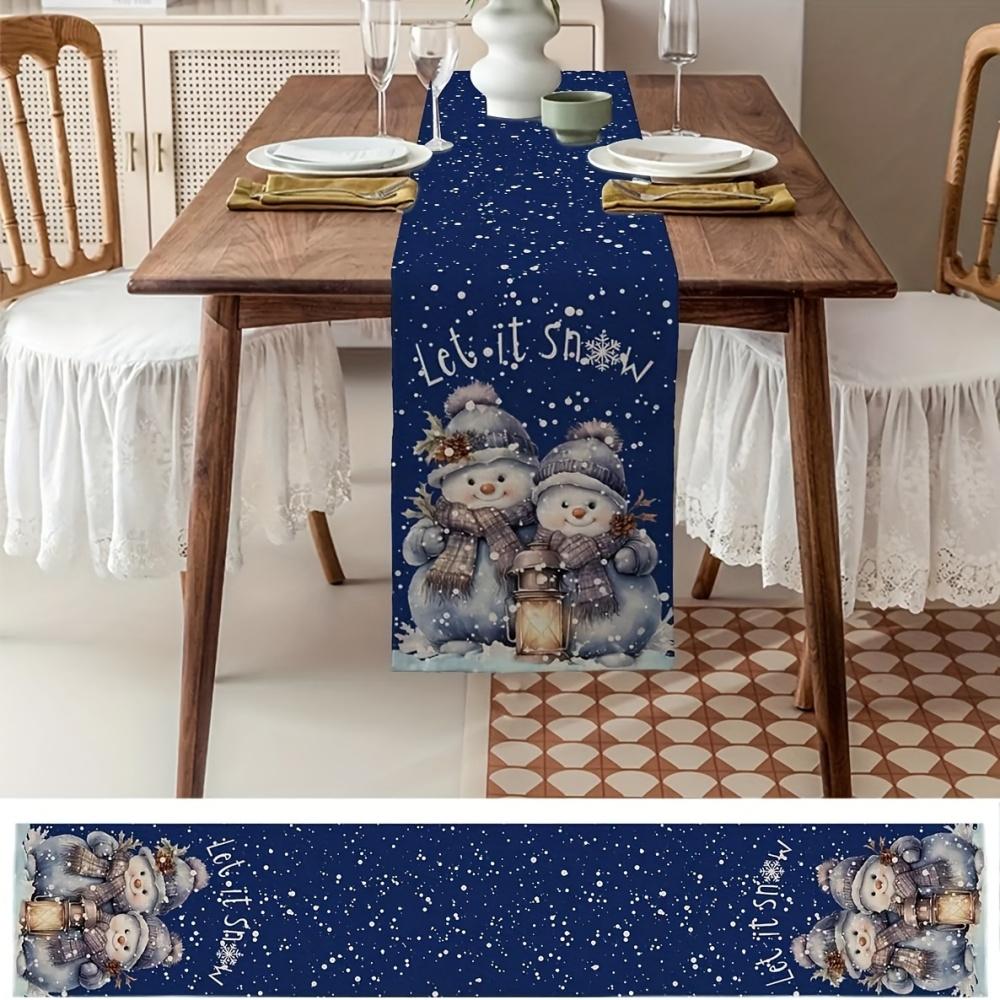1Pc Christmas Snowman & Snowflake Design Navy Blue Linen Table Runner - Winter Christmas Decorations