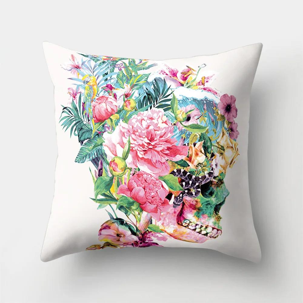 Halloween Floral Skull Print Cushion Cover Polyester Decorative Pillow Cover For Home Sofa Bed Nordic Style Pillow Case 45X45Cm