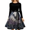 Women's Casual Vintage Dress Long Sleeve Round Neck Halloween Print A-Line Midi Dress with Waist Tie Belt Suitable for Daily Wear