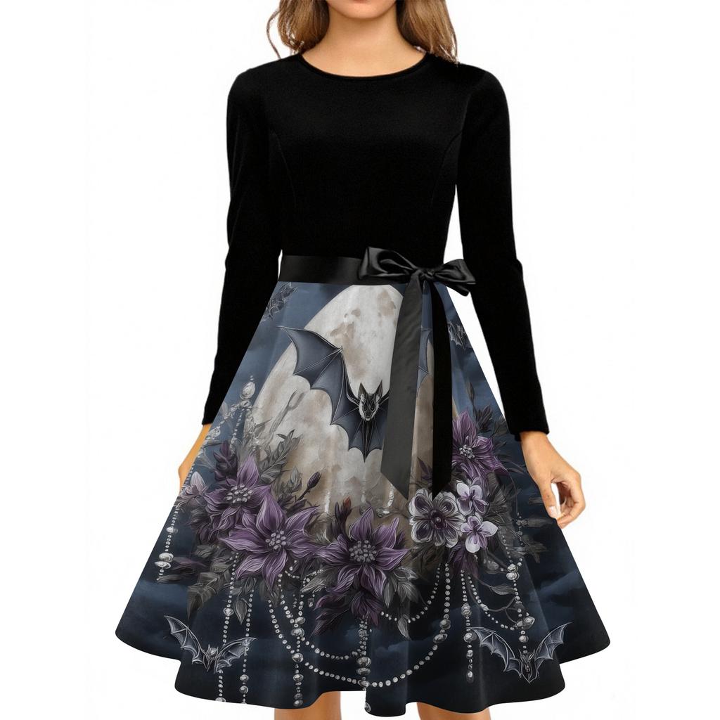Women's Casual Vintage Dress Long Sleeve Round Neck Halloween Print A-Line Midi Dress with Waist Tie Belt Suitable for Daily Wear