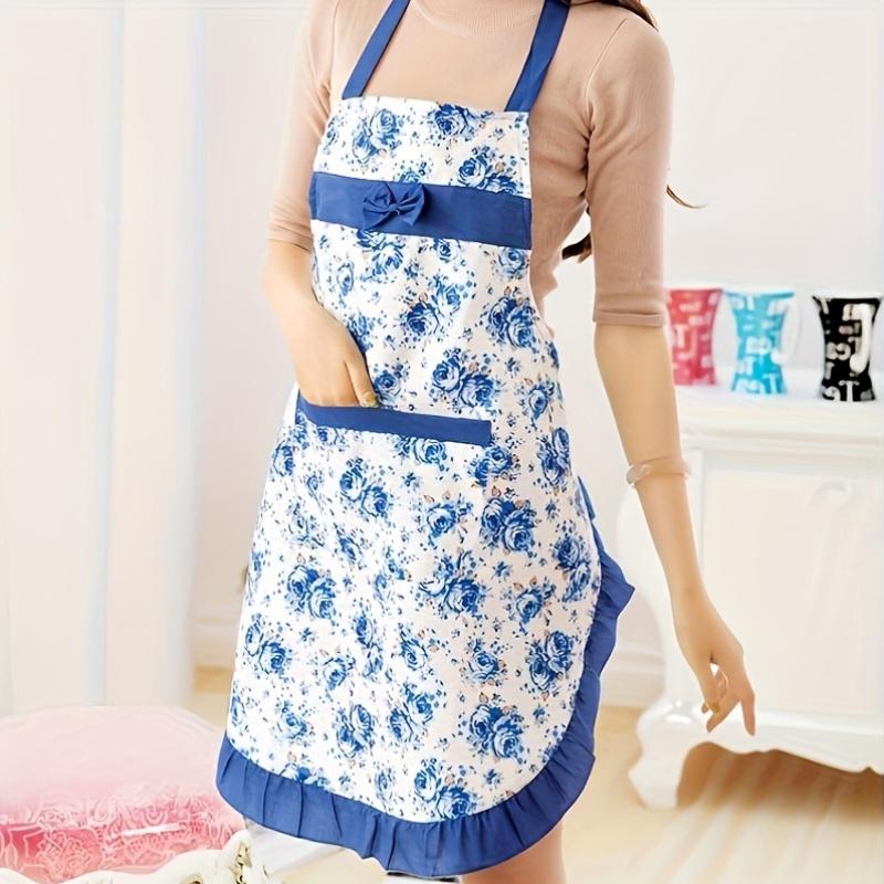 Floral Print Apron with Pockets - Adjustable Straps, Breathable and Durable Women's Work Home Apron, Apron for Home Cleaning