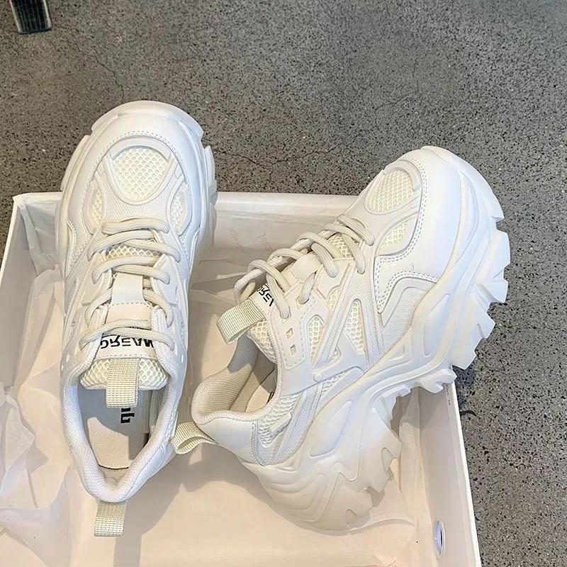 Spring New Fashionable Pure Leather Strap Thick Soled Sports Shoes With Height Increasing Casual Shoes Platform Sneakers