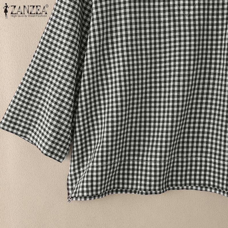 ZANZEA Bluză casual de damă cu gât în V, mâneci 3/4, croială lejeră și imprimeu carouri.