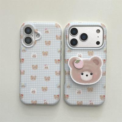 Plaid Little Bear Stand iPhone 14/13 & Apple 17/16/15 PROMAX Anti-fall Case