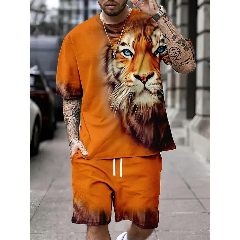 Summer Fashion Animal Print Suit Black and White Tiger 3D Pattern Outdoor Street Shooting Sportswear Men's Casual T Shirts 2 Piece Set