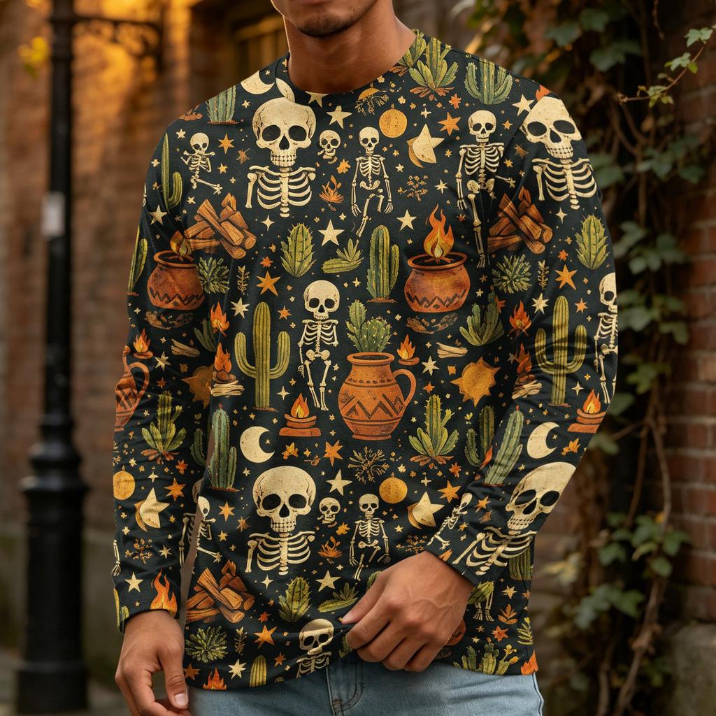 Men's Halloween Print Crewneck Long Sleeve T-Shirt for Casual Wear