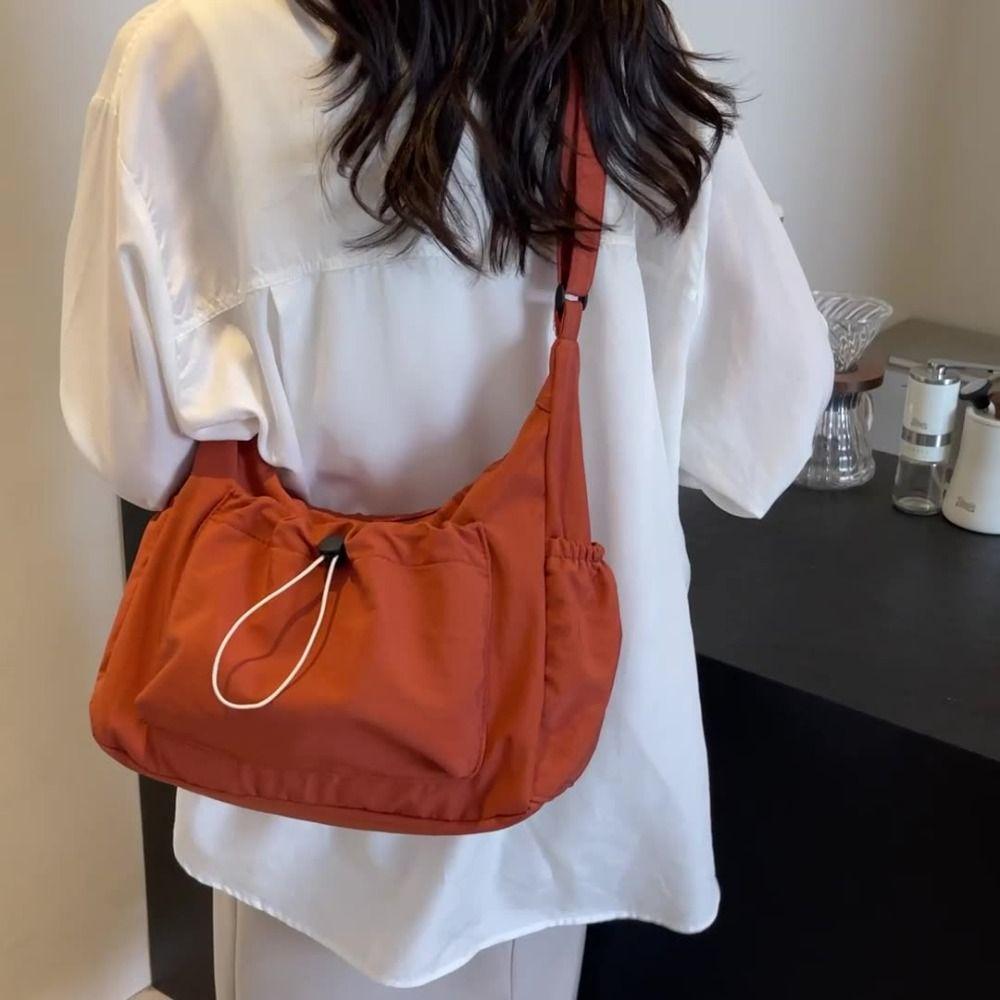 Elastic Rope Drawstring Tote Bag Solid Color Pleated Shoulder Bag Nylon Crossbody Bag  School