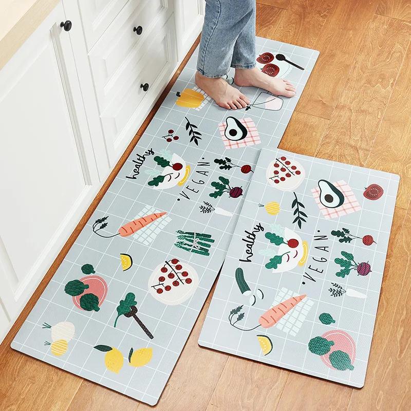 Ins Style PU Leather Kitchen Floor Mat Nordic Oil and Water Resistant Carpet Washable Thickened Anti Slip and Anti Fall Foot Pad