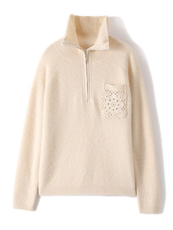 Women's Loose Cashmere Half-Patchwork Zipper Sweater - Autumn/Winter 23 Style
